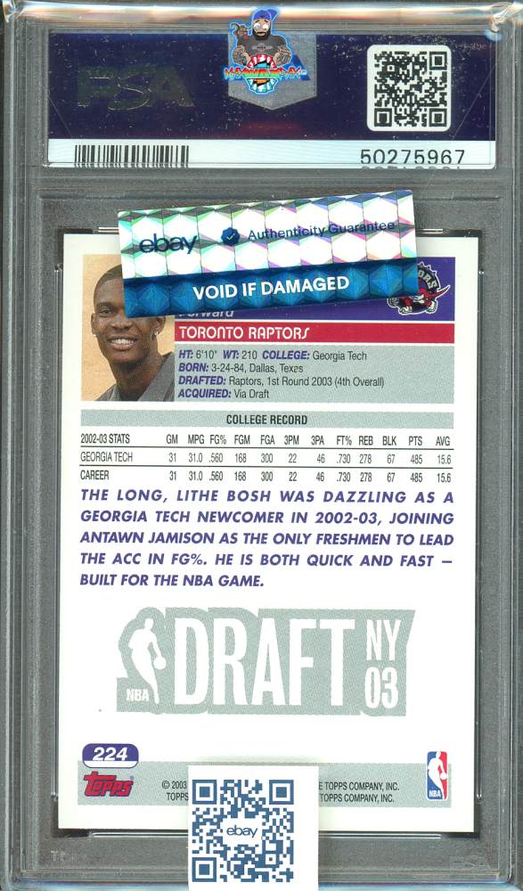 Back of 2003 Topps First Edition Chris Bosh #224