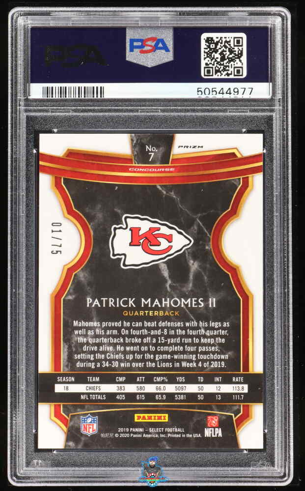 Back of 2019 Panini Select Concourse Purple Prizm Patrick Mahomes II #7 /75
