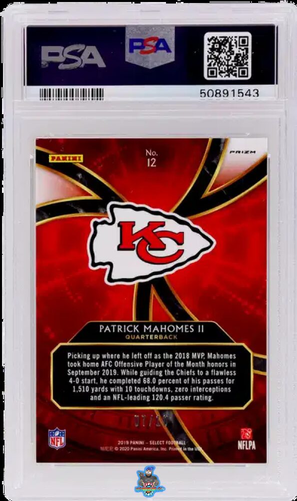 Back of 2019 Panini Select Phenomenon Gold Prizm Patrick Mahomes II #12 /10