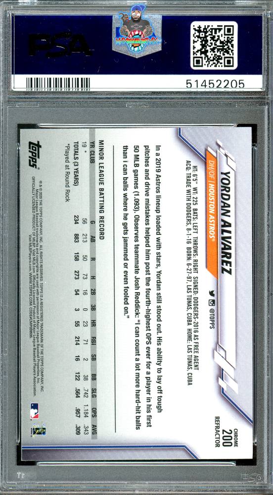 Back of 2020 Topps Chrome Xfractor Yordan Alvarez #200
