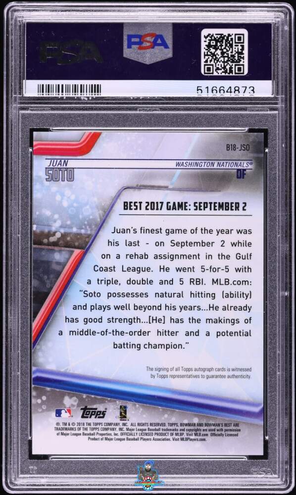 Back of 2018 Bowman's Best Best of '18 Autographs Green Refractor Juan Soto #B18JSO /99