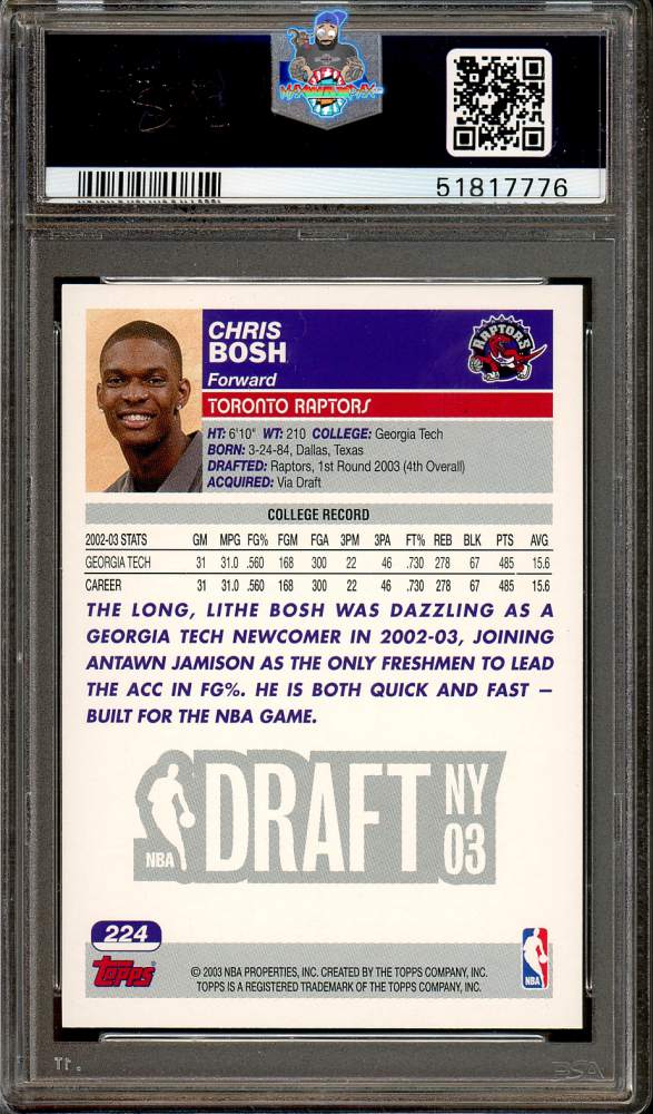 Back of 2003 Topps First Edition Chris Bosh #224