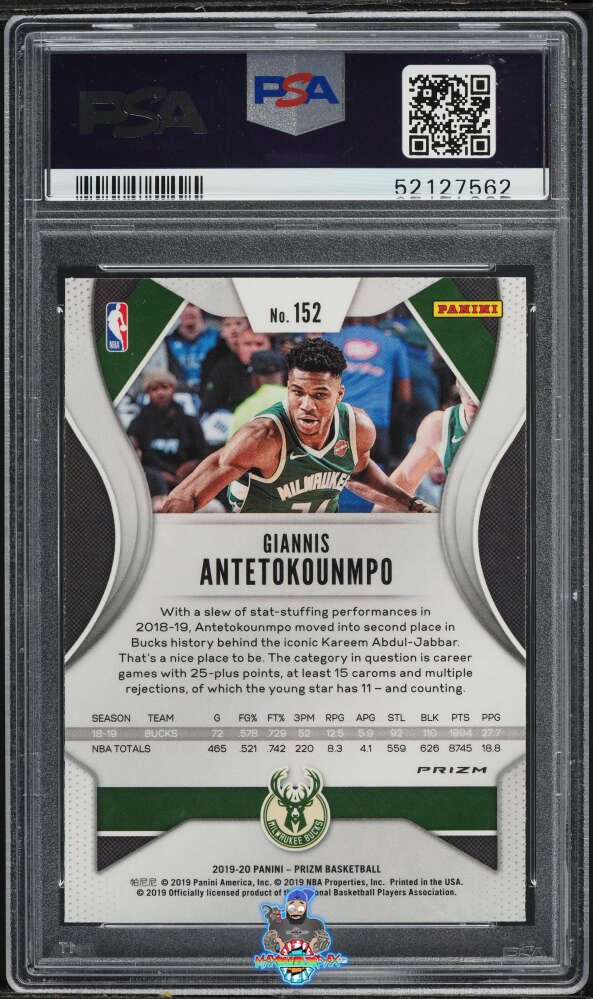 Back of 2019 Panini Prizm Blue Yellow and Green Choice Prizm Giannis Antetokounmpo #152