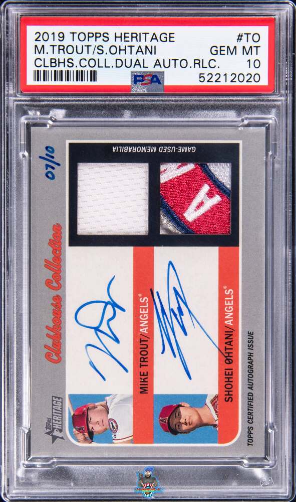 2019 Topps Heritage Clubhouse Collection Dual Autographs Relics Patch Mike Trout/Shohei Ohtani #CCDARTO /1