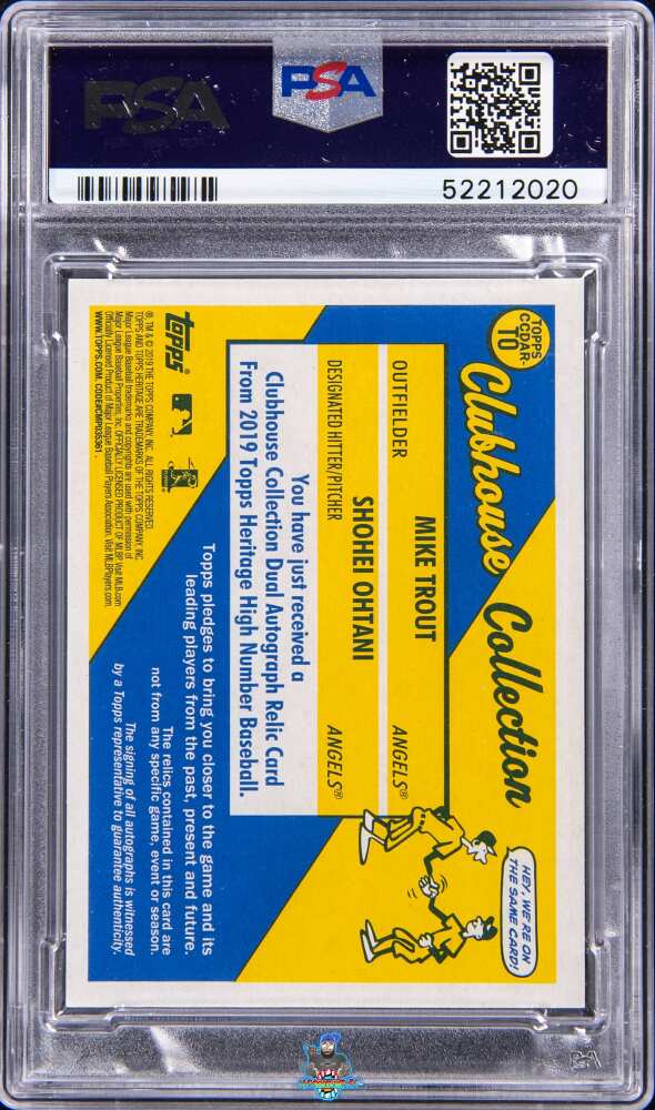 Back of 2019 Topps Heritage Clubhouse Collection Dual Autographs Relics Patch Mike Trout/Shohei Ohtani #CCDARTO /1