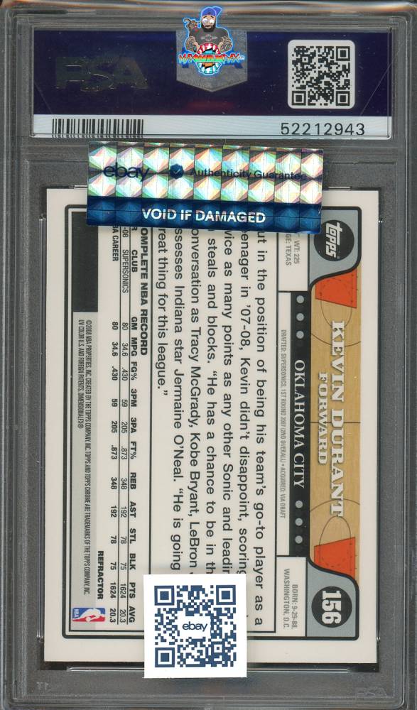 Back of 2008 Topps Chrome Refractor Kevin Durant #156