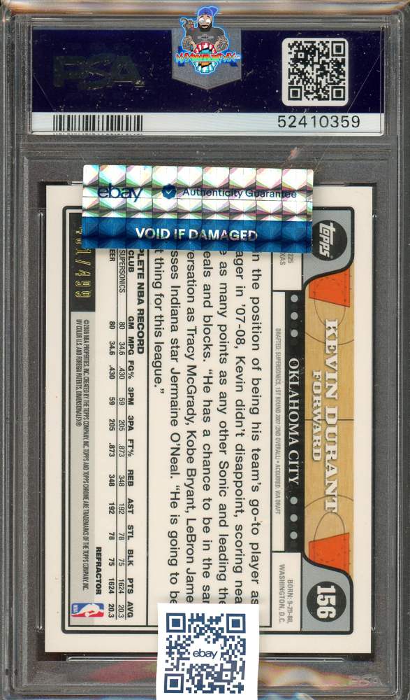 Back of 2008 Topps Chrome Orange Refractor Kevin Durant #156 /499