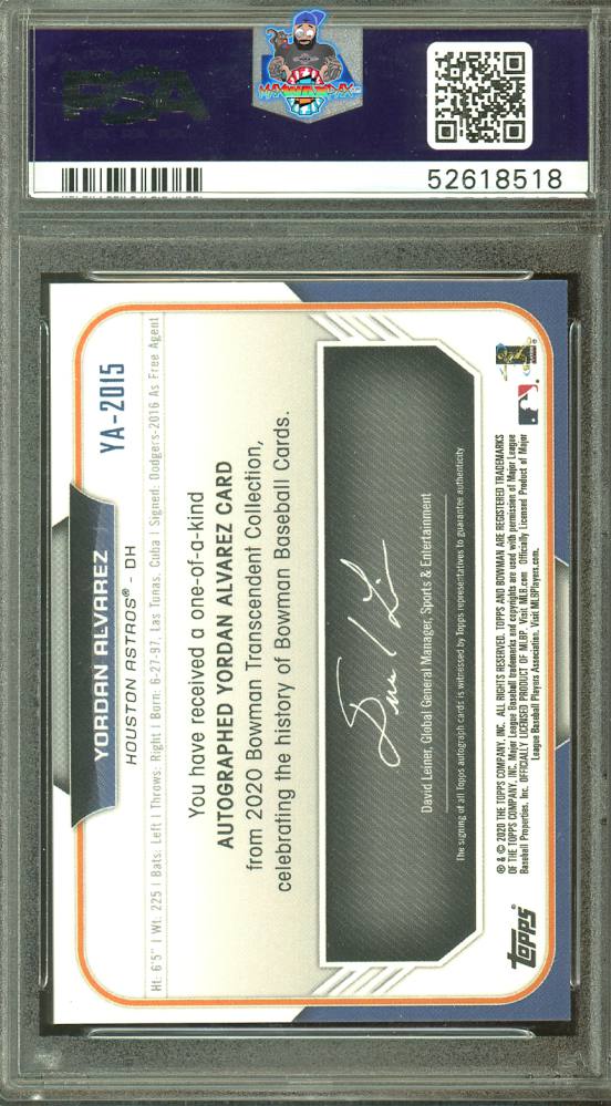 Back of 2020 Bowman Transcendent Through the Years Autograph Yordan Alvarez #YA2015 /1