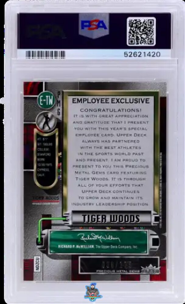 Back of 2013 Upper Deck Employee Exclusive Precious Metal Gems Purple Tiger Woods #E-TW /125