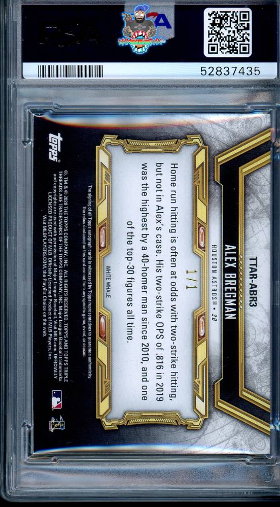 Back of 2020 Topps Triple Threads Autograph Relic Printing Plates Cyan Alex Bregman #TTARABR3 /1