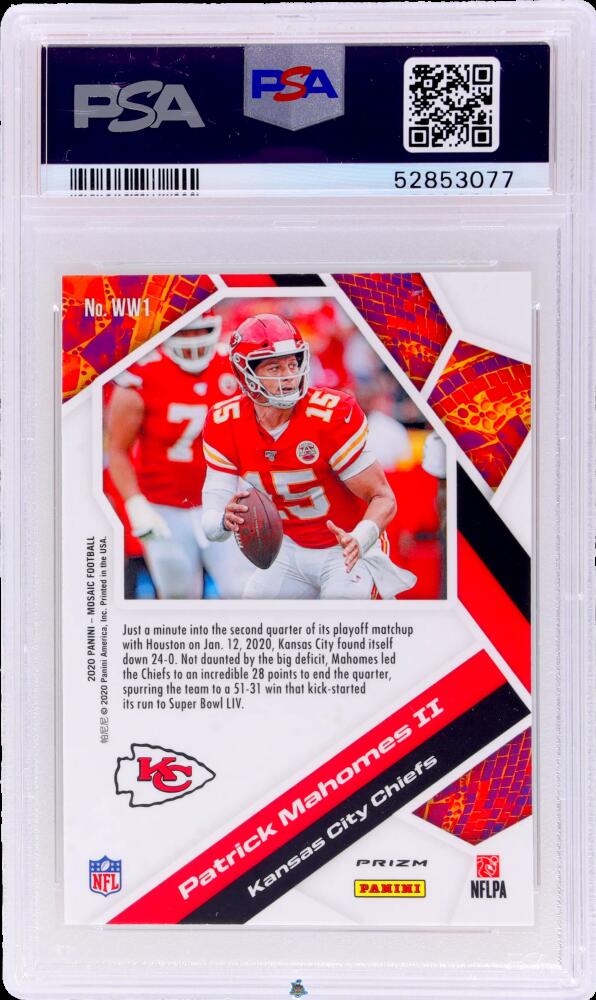 Back of 2020 Panini Mosaic Will To Win Green Mosaic Prizm Patrick Mahomes II #1