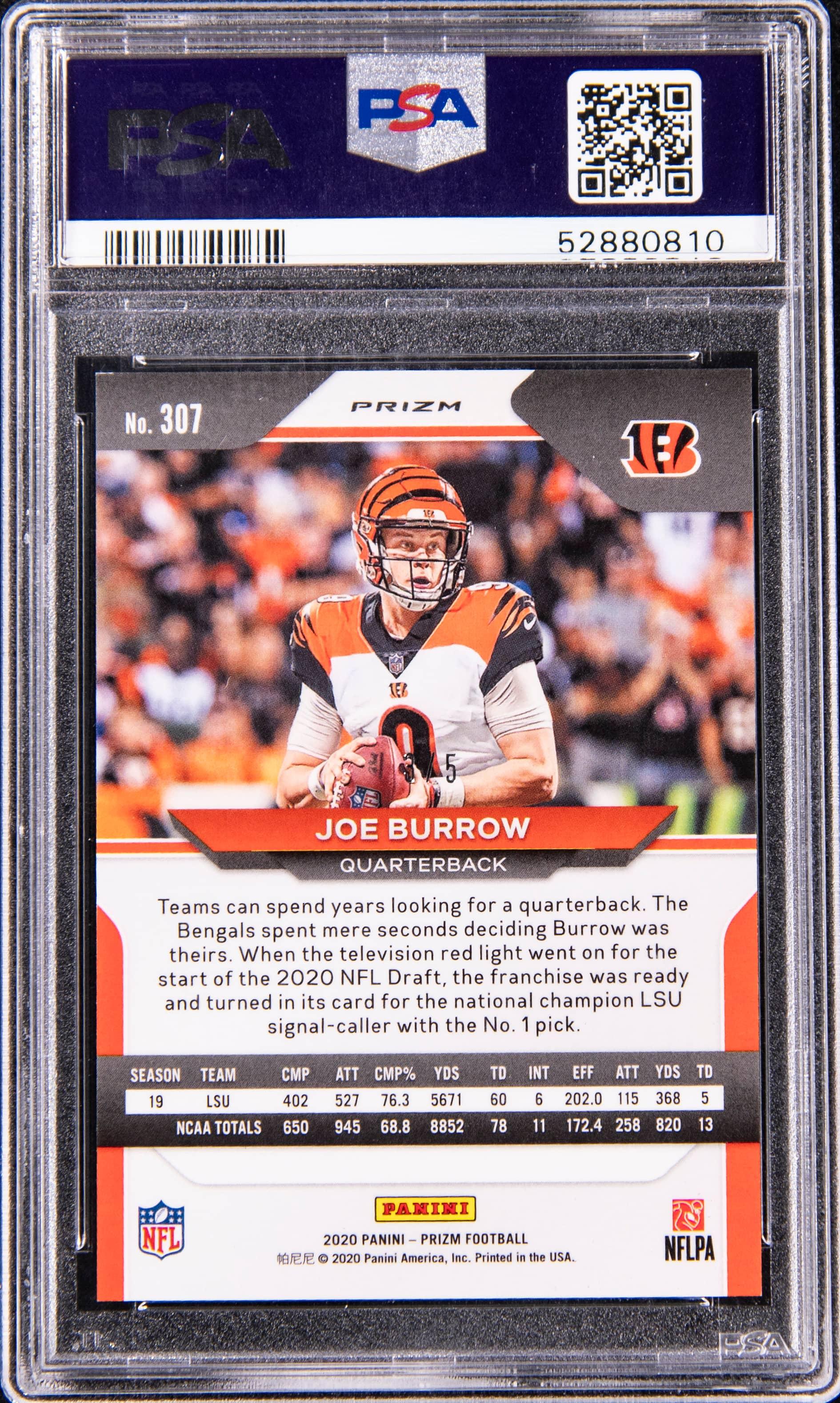 Back of 2020 Panini Prizm No Huddle Neon Green Disco Prizm Joe Burrow #307 /5