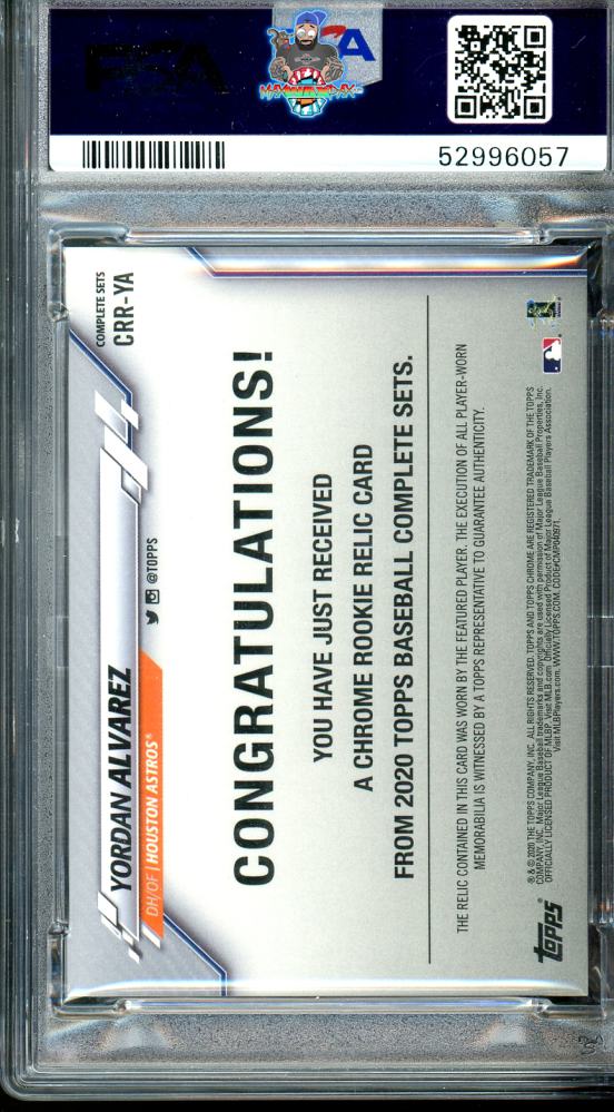 Back of 2020 Topps Complete Set Chrome Rookie Relic Yordan Alvarez #CRRYA