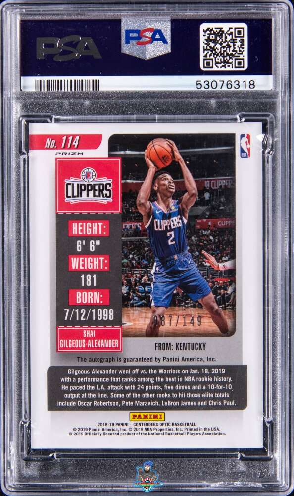 Back of 2018 Panini Contenders Optic Rookie Ticket Autograph Red Shai Gilgeous-Alexander #114 /149
