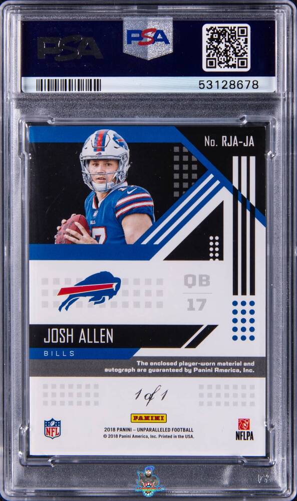 Back of 2018 Panini Unparalleled Rookie Jersey Autograph Burst Josh Allen #10 /1