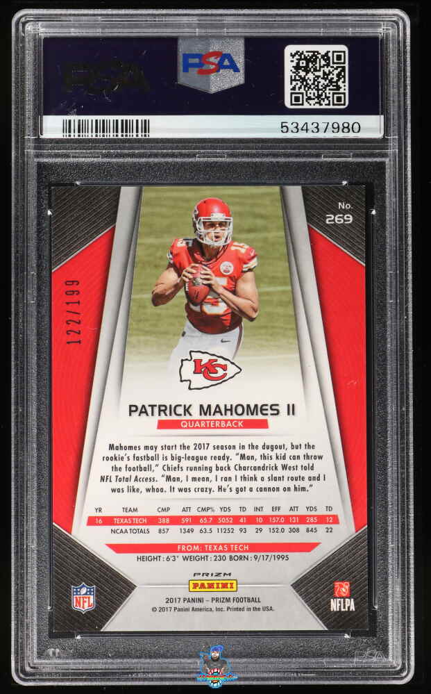 Back of 2017 Panini Prizm Light Blue Prizm Patrick Mahomes II #269 /199