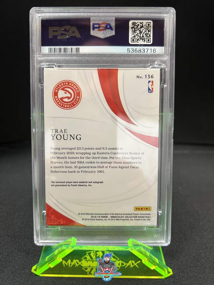 Back of 2018 Panini Immaculate Collection Patch Autograph Trae Young #136 /99