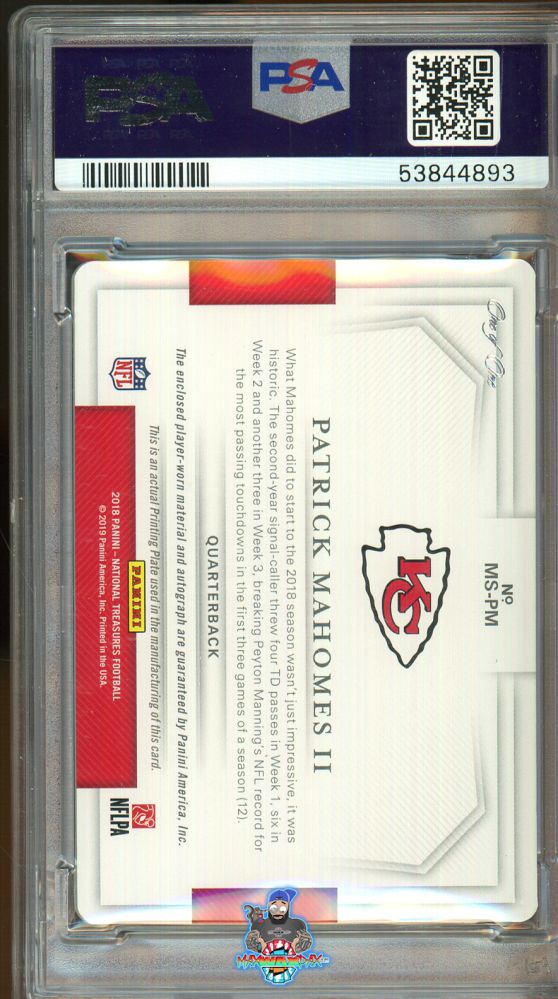 Back of 2018 National Treasures Material Signatures Printing Plates Yellow Patrick Mahomes II #5 /1