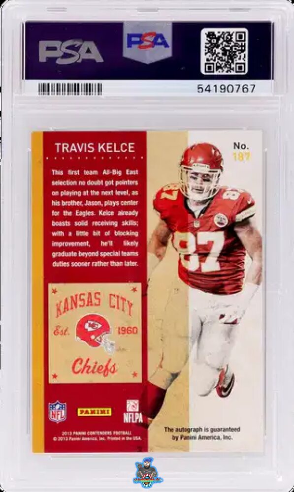 Back of 2013 Panini Contenders Playoff Ticket Autograph Travis Kelce #187A /99