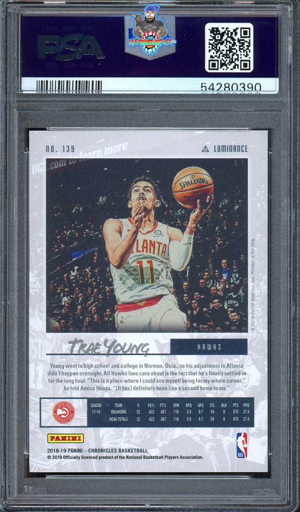 Back of 2018 Panini Chronicles Trae Young #139