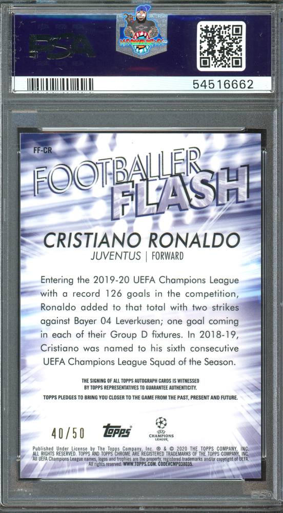 Back of 2019 Topps Chrome UEFA Champions League Footballer Flash Autograph Cristiano Ronaldo #FFCR /50