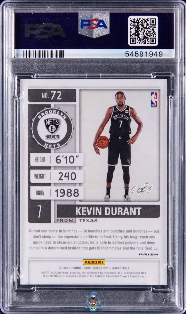 Back of 2019 Panini Contenders Optic Season Ticket Gold Vinyl Kevin Durant #72 /1