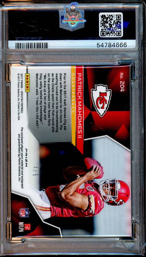 Back of 2017 Panini Spectra Autograph Patch Neon Orange Prizm Patrick Mahomes II #204 /5