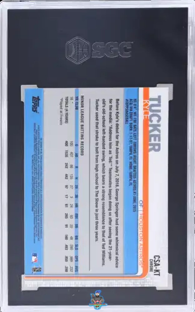 Back of 2019 Topps Chrome Sapphire Auto. Kyle Tucker #CSA-KT