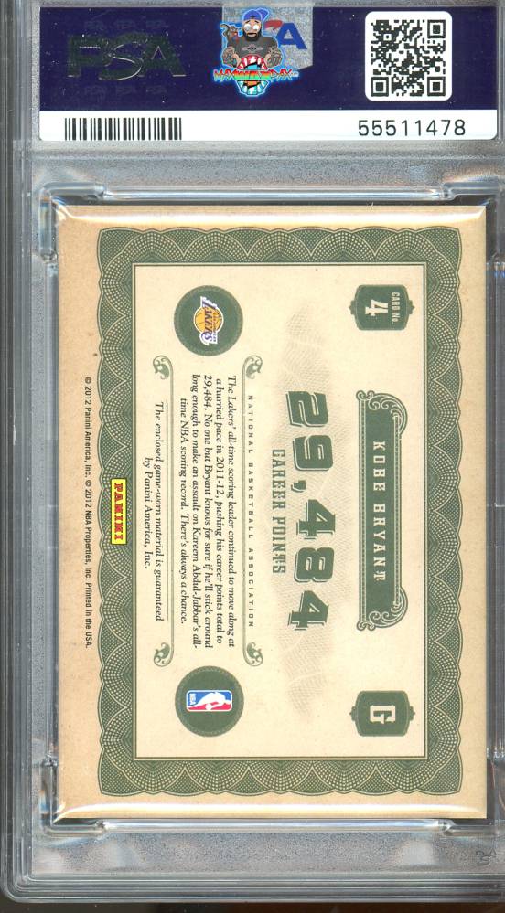 Back of 2011 Panini Gold Standard 24k Memorabilia Kobe Bryant #4 /149