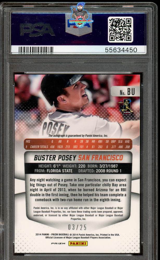 Back of 2014 Panini Prizm Autograph Mojo Prizm Buster Posey #BU /25