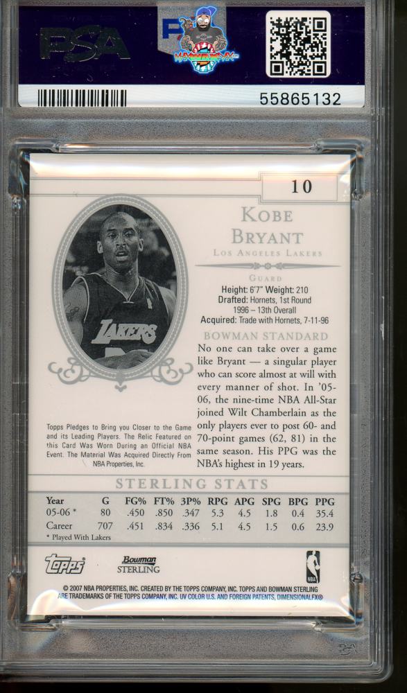 Back of 2006 Bowman Sterling Jersey Kobe Bryant #10