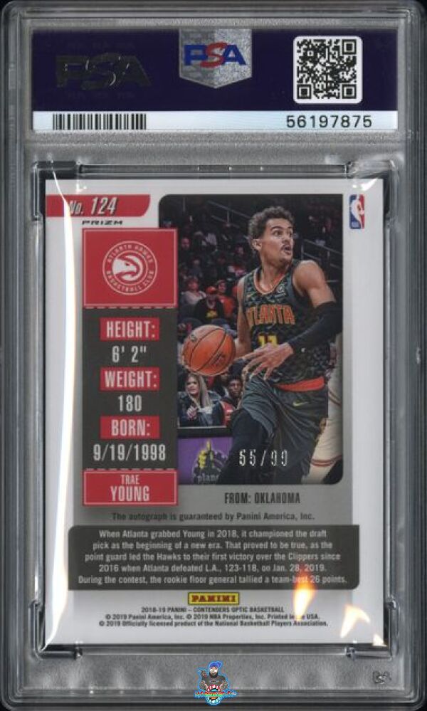 Back of 2018 Panini Contenders Optic Variation Rookie Ticket Autograph Red Trae Young #124 /99