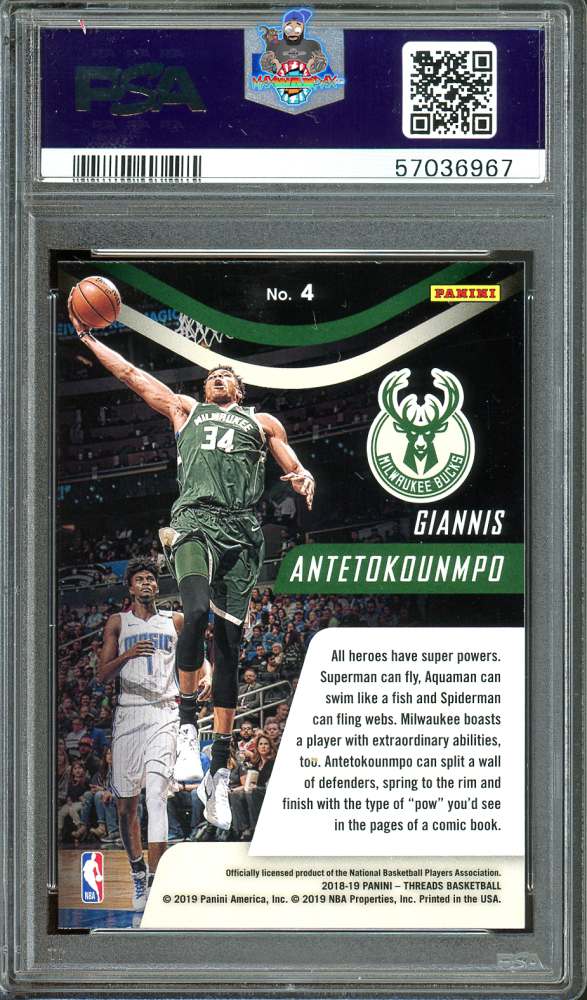Back of 2018 Panini Threads Bringing Down the House Dazzle Giannis Antetokounmpo #4