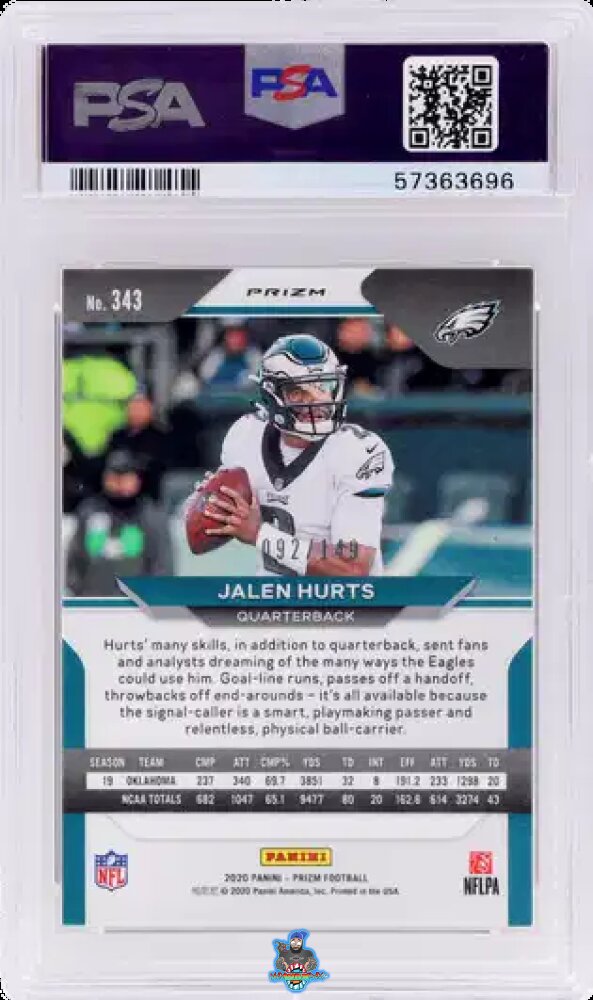 Back of 2020 Panini Prizm Red Wave Prizm Jalen Hurts #343 /149