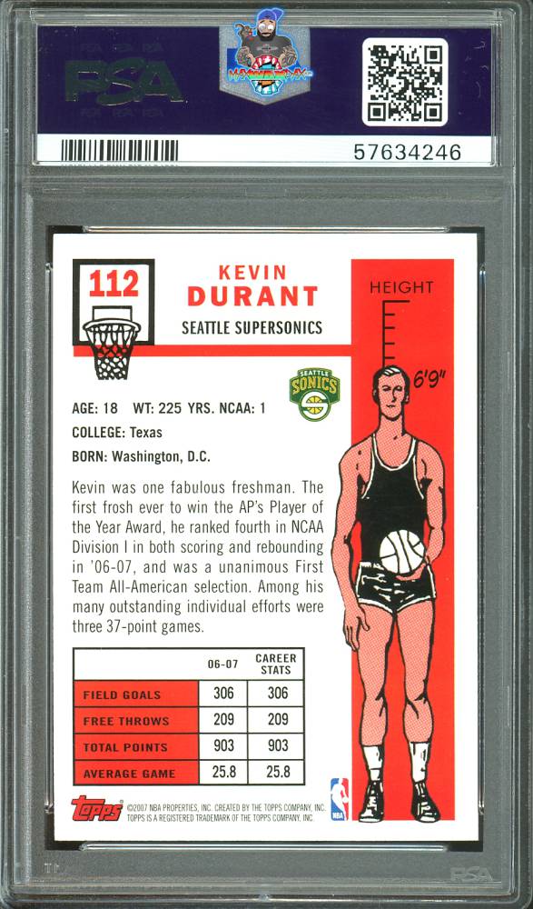Back of 2007 Topps 1957-58 Variation Kevin Durant #112