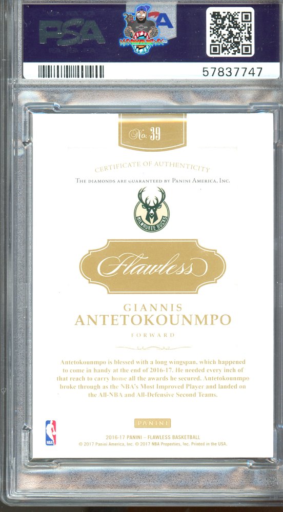 Back of 2016 Panini Flawless Double Diamond Giannis Antetokounmpo #39 /10