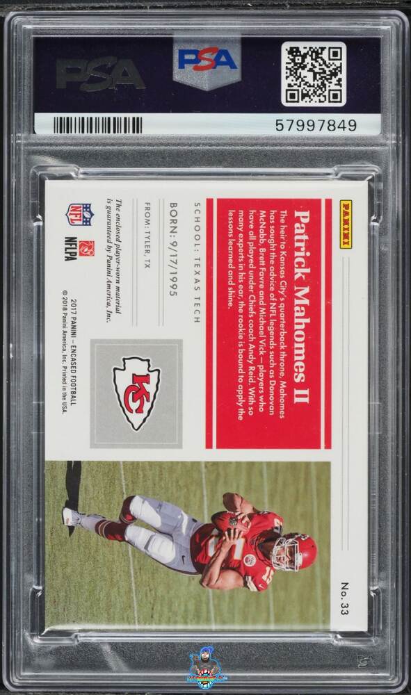Back of 2017 Panini Encased Substantial Rookie Swatches Sapphire Patrick Mahomes II #33 /25