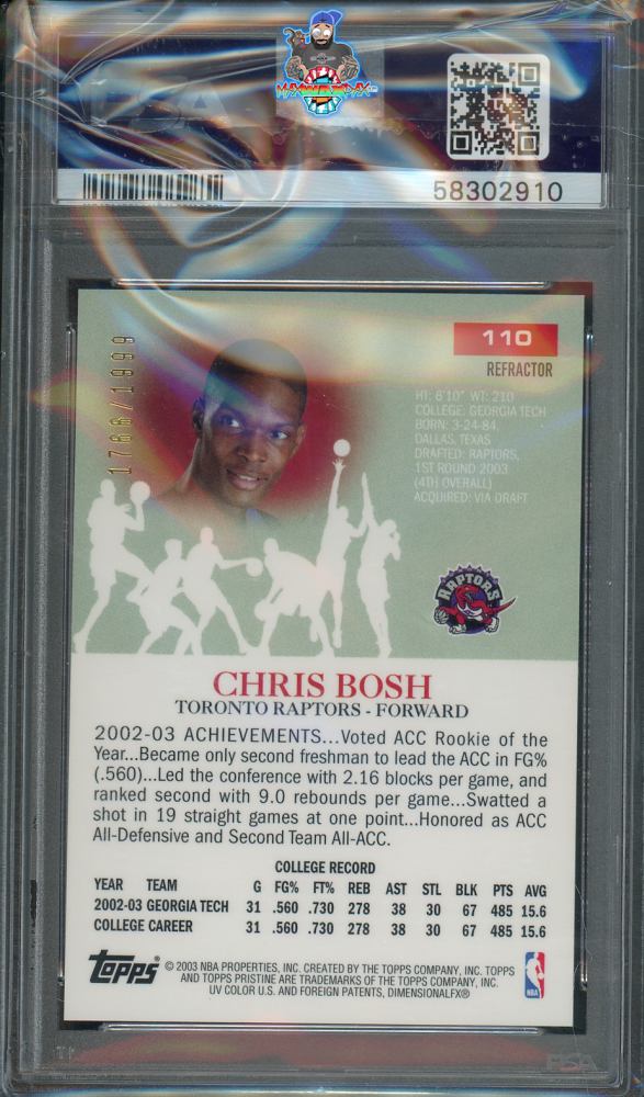 Back of 2003 Topps Pristine Refractor Chris Bosh #110 /1999