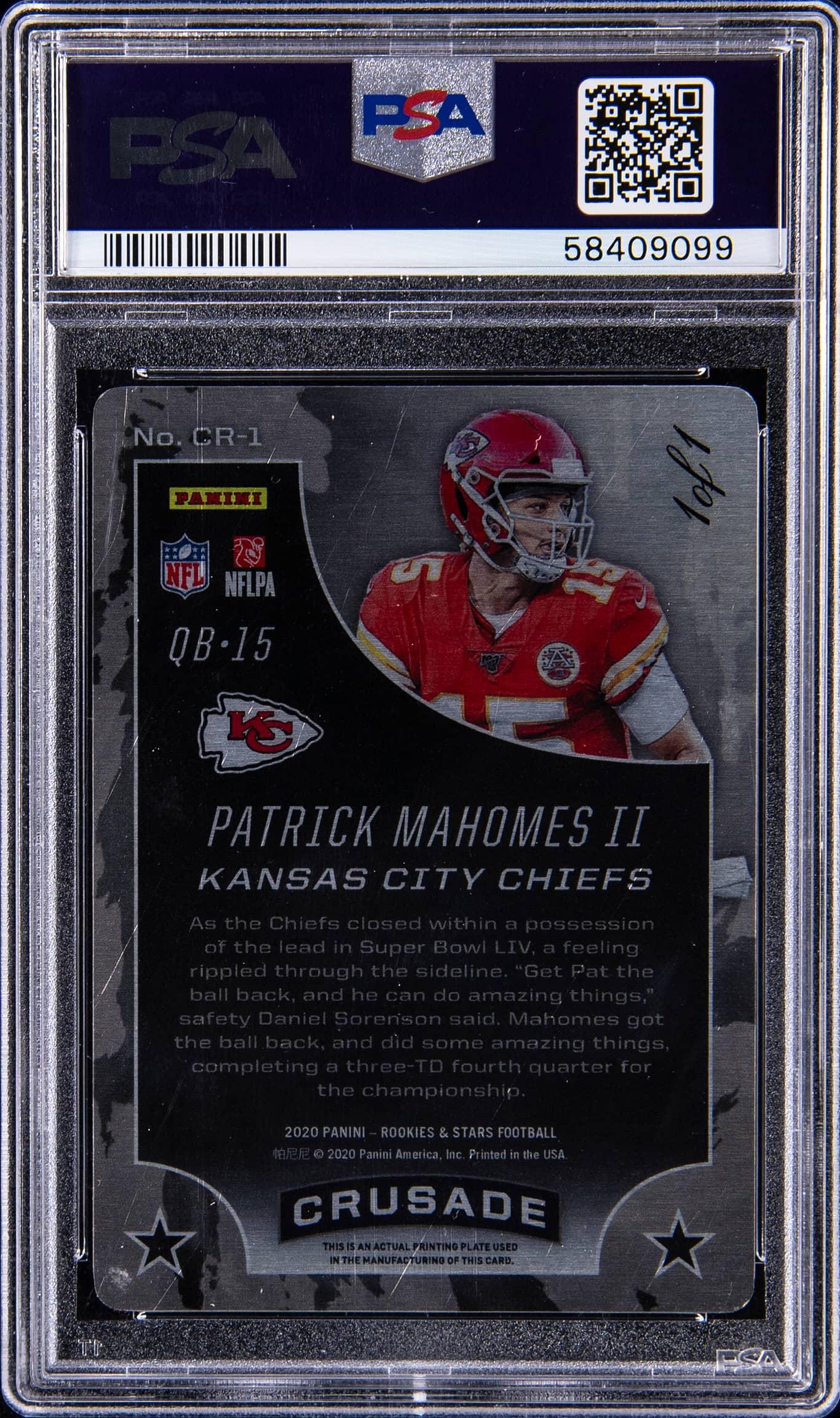Back of 2020 Panini Rookies & Stars Crusade Patrick Mahomes II Magenta Printing Plate 1/1