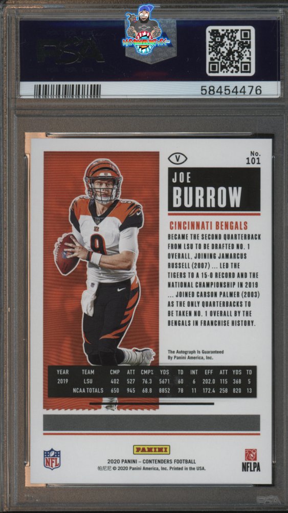 Back of 2020 Panini Contenders Team Helmet Variation Rookie Ticket Autograph Joe Burrow #101B
