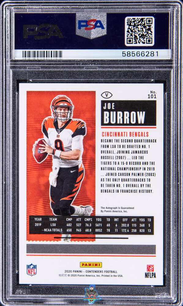 Back of 2020 Panini Contenders Team Helmet Variation Rookie Ticket Autograph Red Zone Joe Burrow #101B