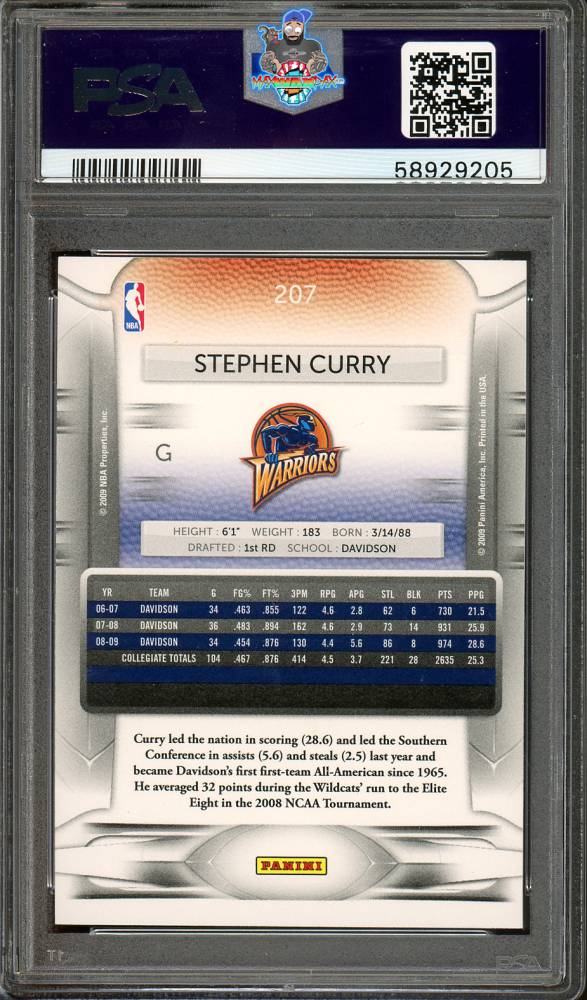 Back of 2009 Panini Prestige Rookie Stephen Curry #207