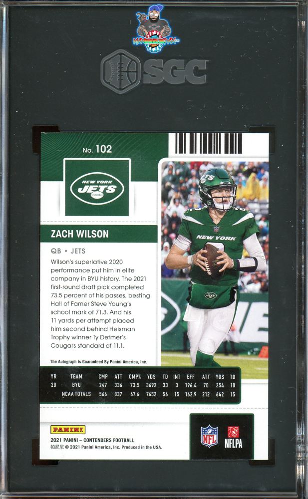 Back of 2021 Panini Contenders Auto. Zach Wilson #102