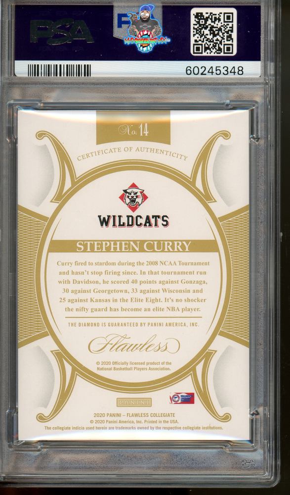 Back of 2020 Panini Flawless Collegiate Stephen Curry #14 /15