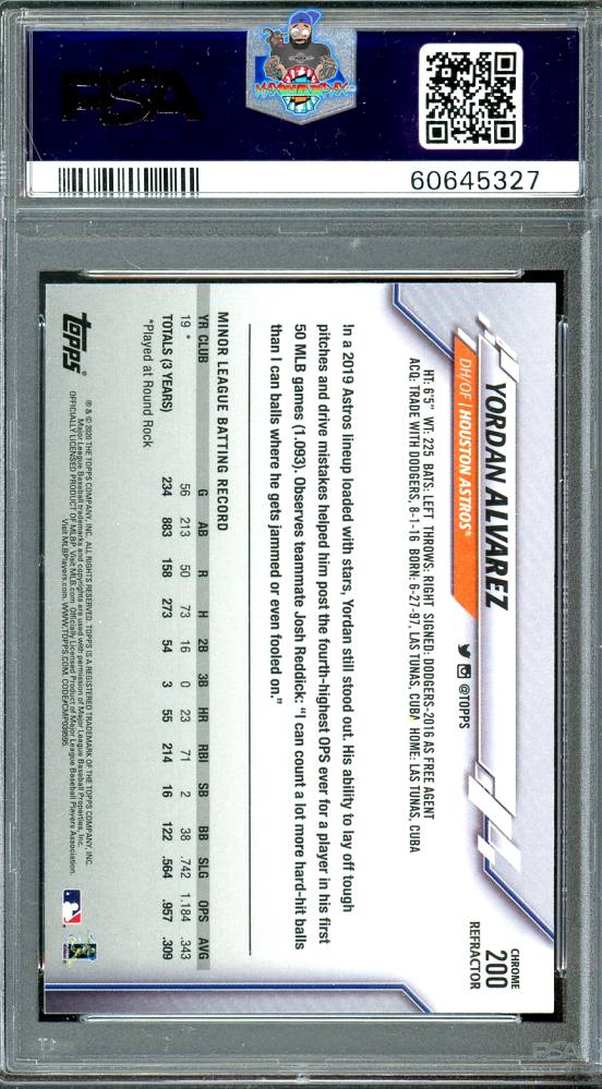 Back of 2020 Topps Chrome Pink Refractor Yordan Alvarez #200