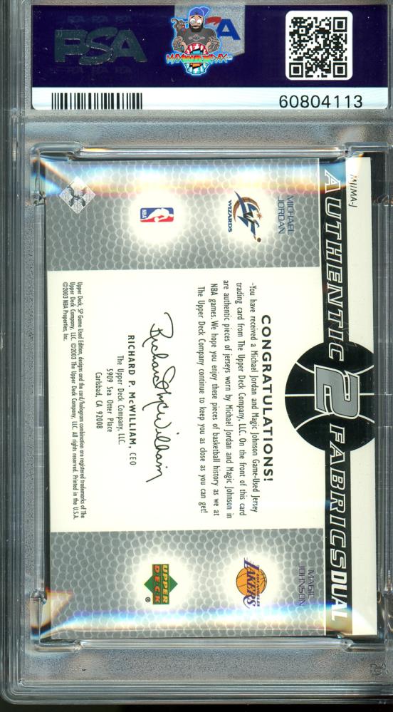 Back of 2003 SP Game Used Dual Authentic Fabrics Magic Johnson/Michael Jordan #MJMAJ /100