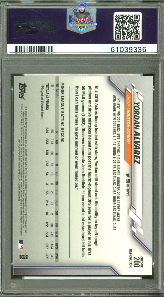 Back of 2020 Topps Chrome Pink Refractor Yordan Alvarez #200