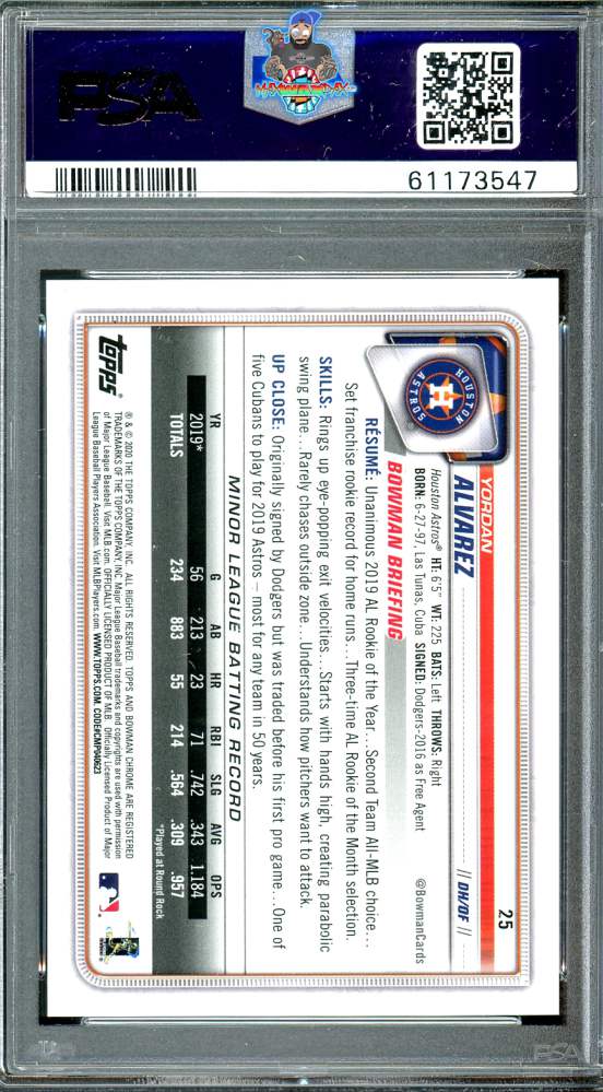 Back of 2020 Bowman Chrome Blue Refractor Yordan Alvarez #25 /150