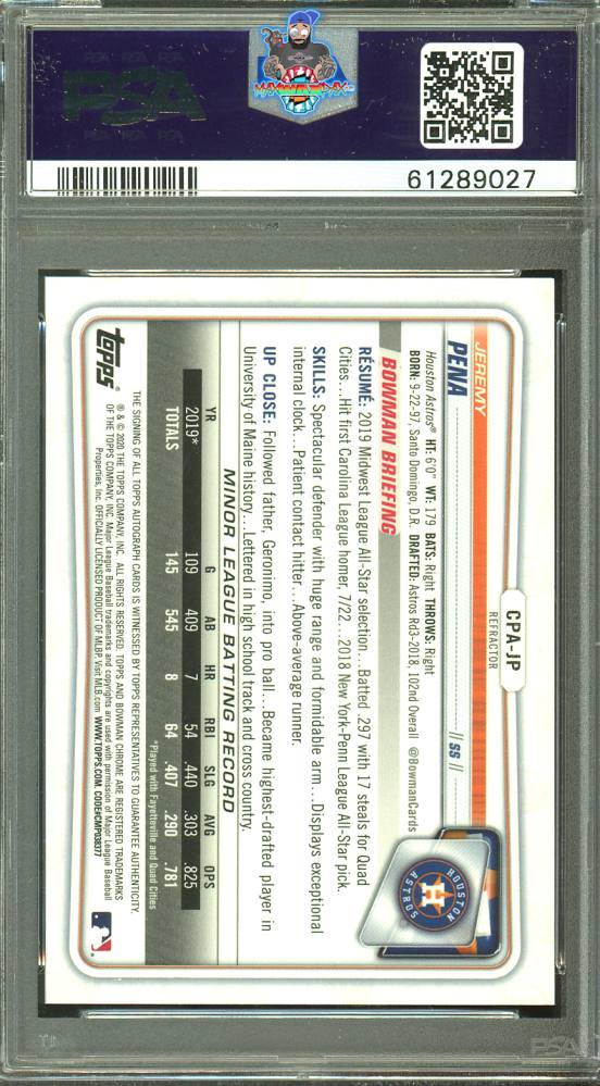 Back of 2020 Bowman Chrome Prospect Autograph Refractor Jeremy Pena #CPAJP /499