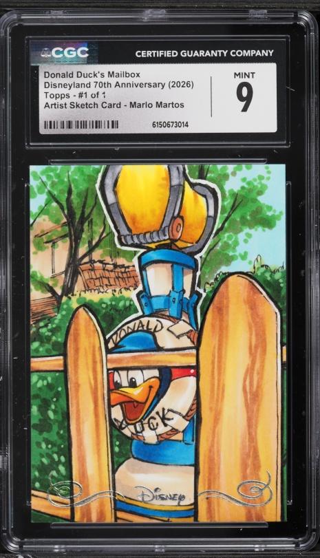 2026 Topps Disneyland 70th Artist Sketch Card Donald Duck's Mailbox Marlo Martos AUTO 1/1 CGC 9